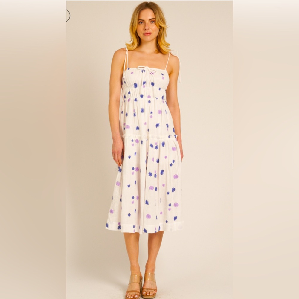 En Creme Spaghetti Strap Midi Dress with Embroidered Flower Detail